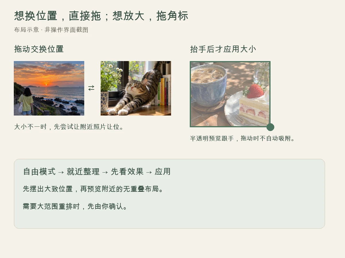 拖动交换、角标缩放,以及自由摆放后就近整理的示意。