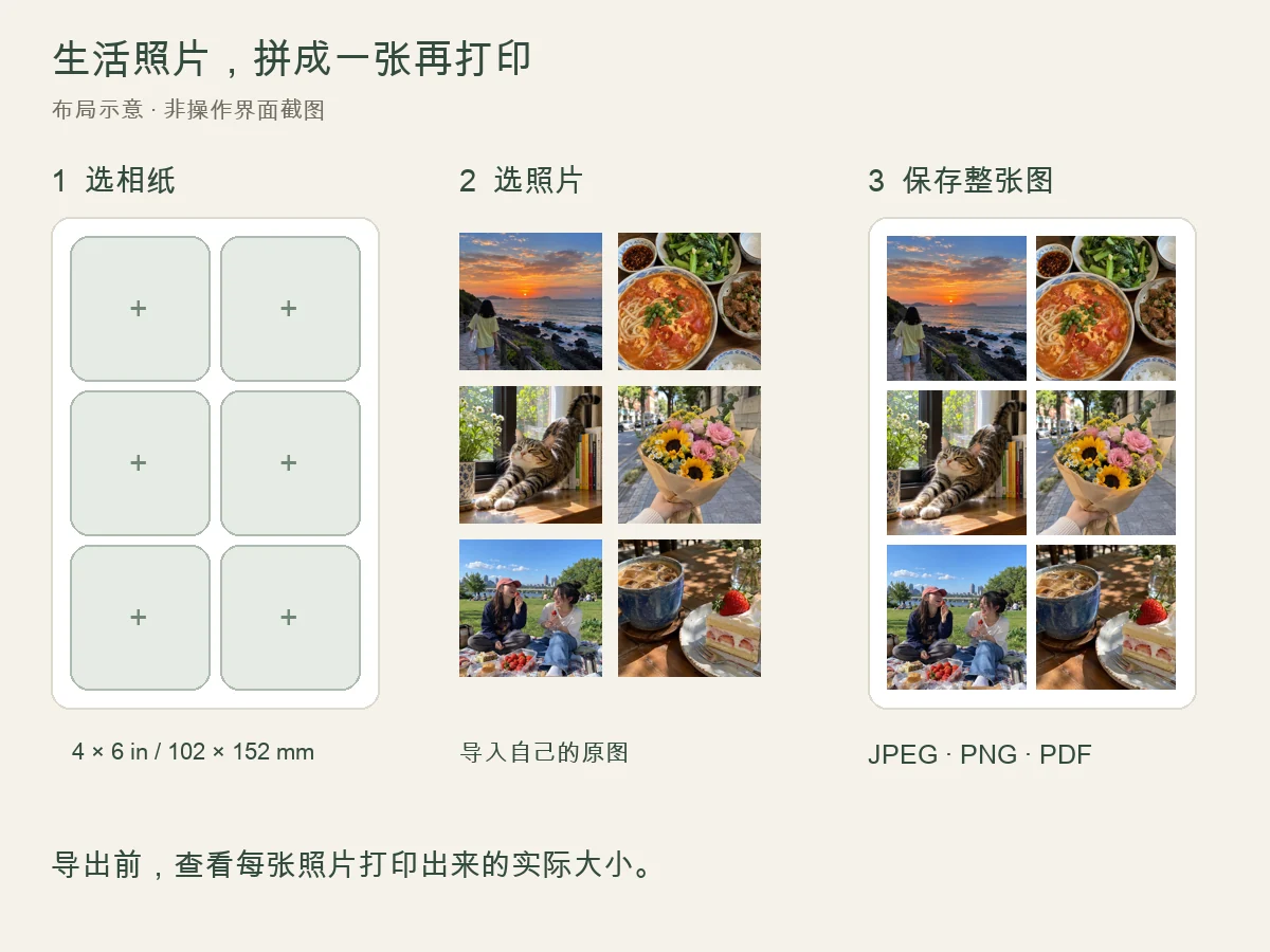 选相纸、导入照片、查看实际尺寸,再保存整张拼版。